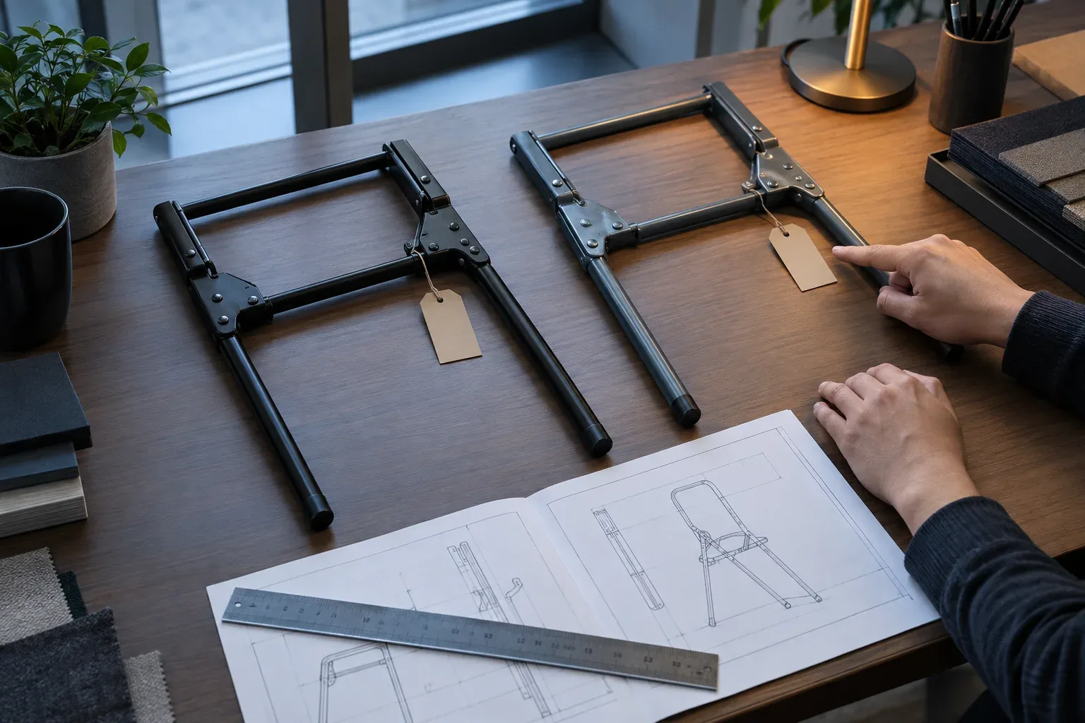 Two samples of the same steel chair frame from two factories, side by side beside the drawing