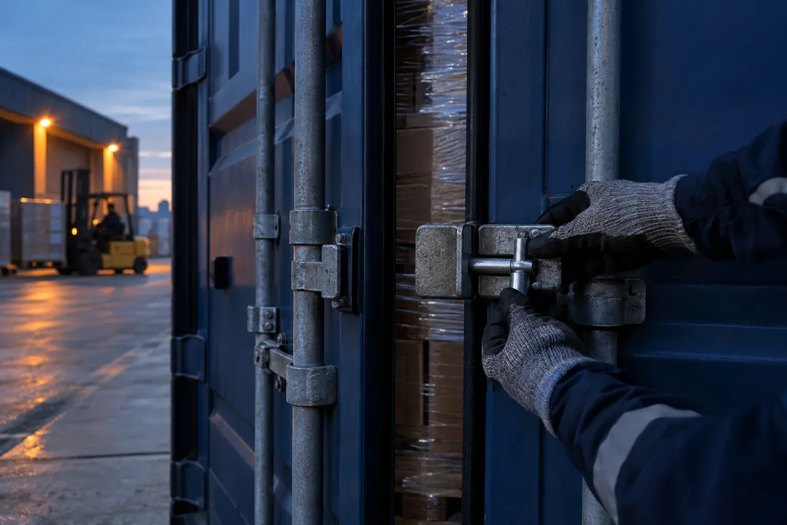 A gloved hand closing the doors of a loaded shipping container at a factory dock at dawn