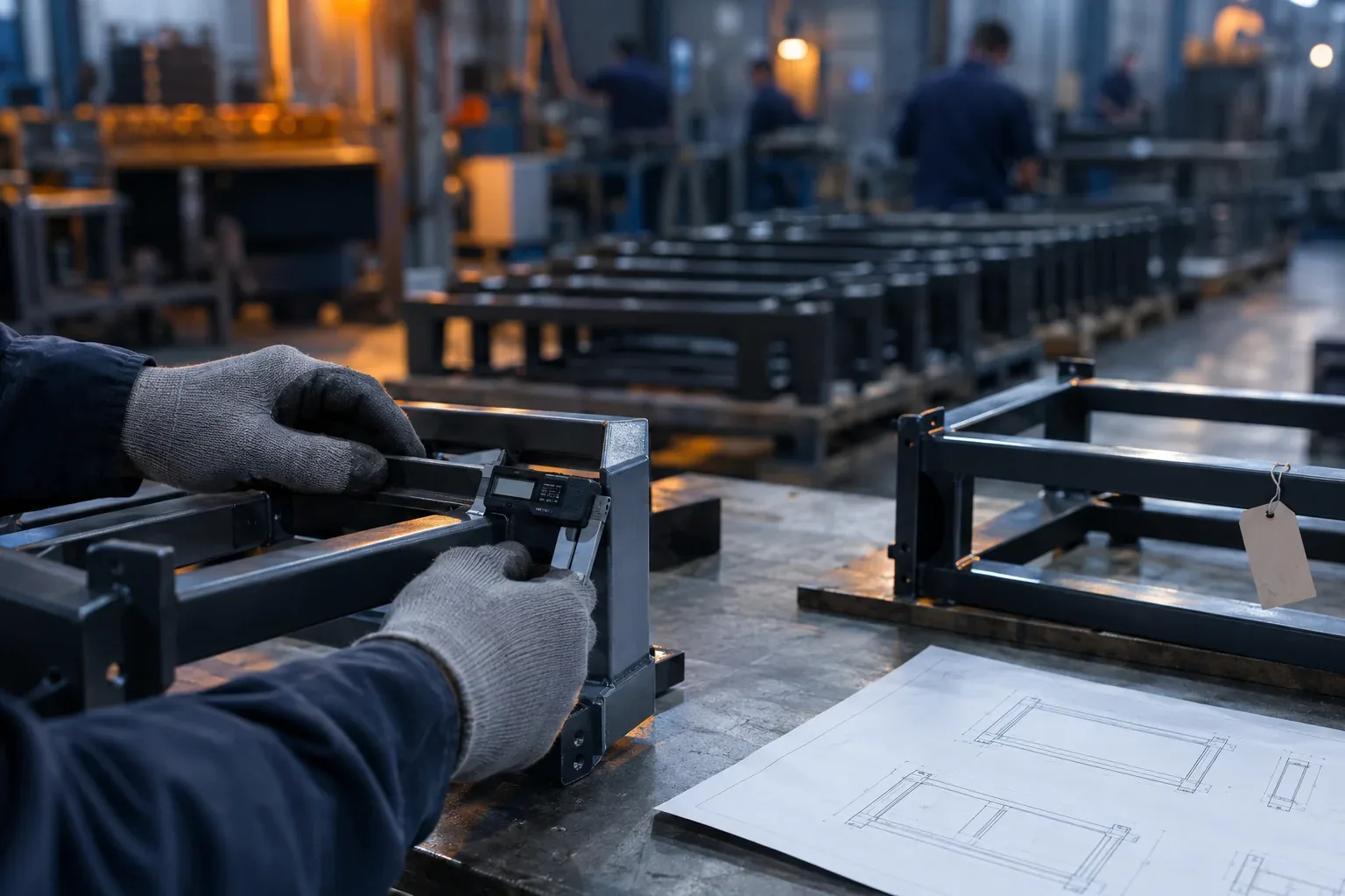 Gloved hands measuring a welded steel frame with a caliper on a production line, the drawing beside it