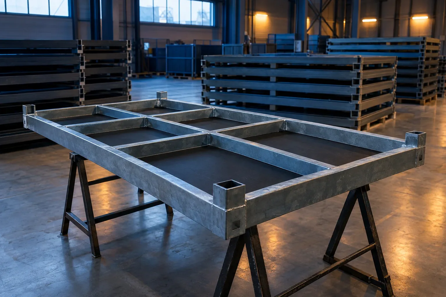 A galvanized steel stage deck frame on trestles in a factory, with welded cross members and a square leg socket at each corner