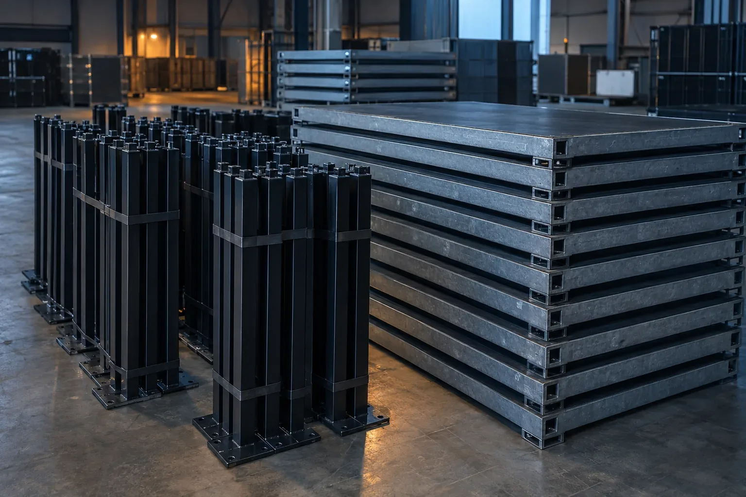 Bundles of black steel stage legs with square foot plates beside a stack of decks in a warehouse