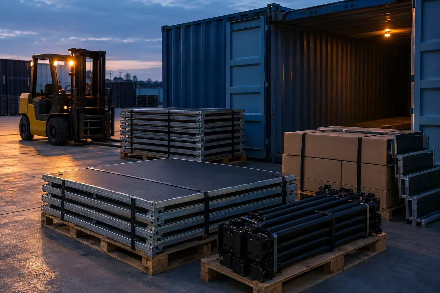Stage decks strapped flat on pallets with bundled legs and boxed steps in front of an open container at dusk