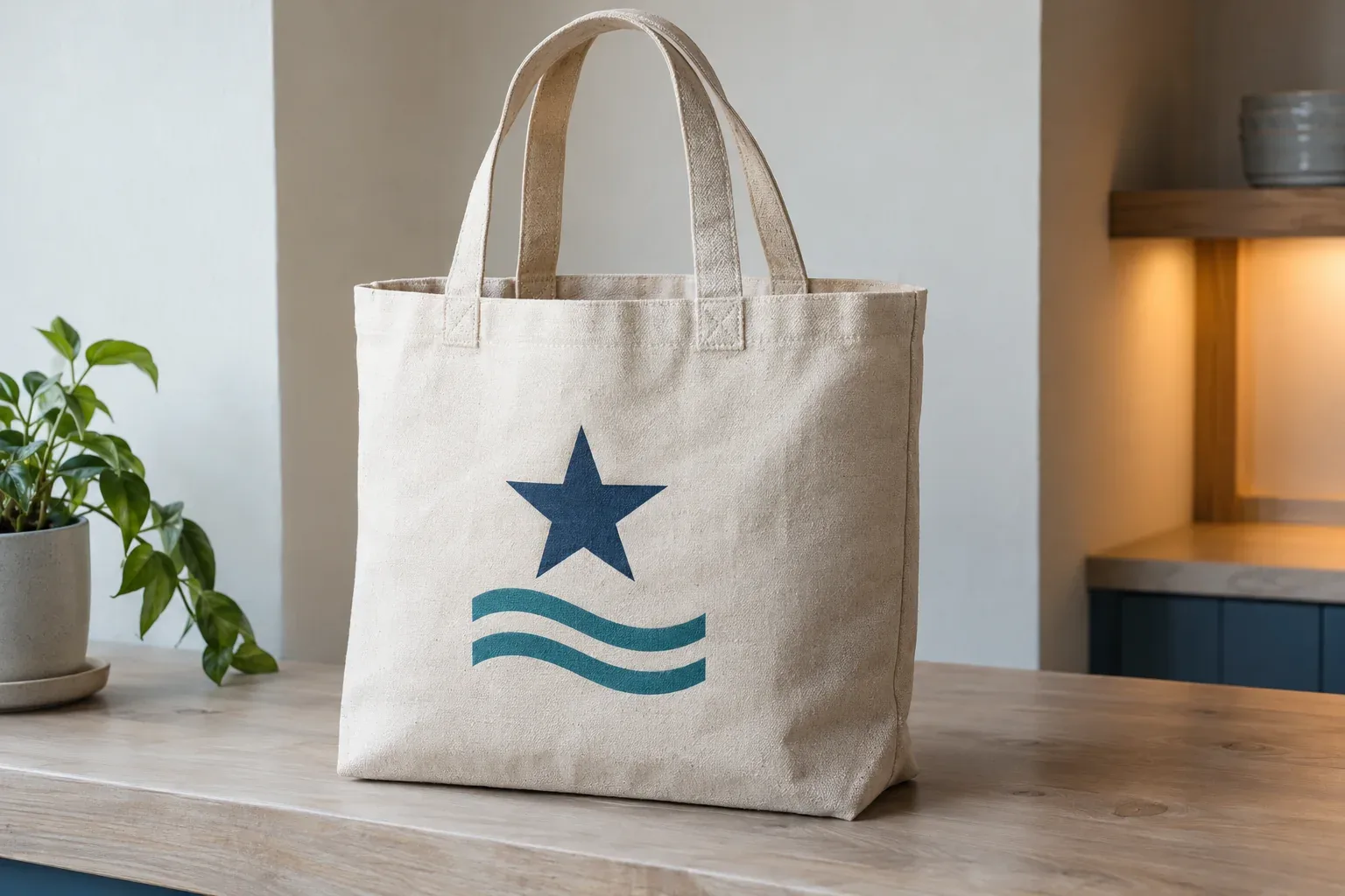 A natural canvas tote with a flat gusset standing on a wooden counter, printed with a navy star over two teal wavy lines