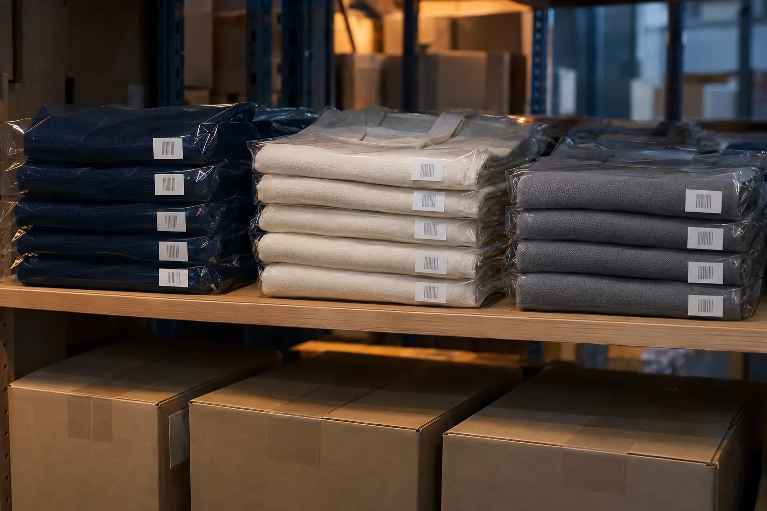 Navy, natural and slate grey totes folded flat in clear sleeves with small barcode stickers, stacked on a stockroom shelf above cartons