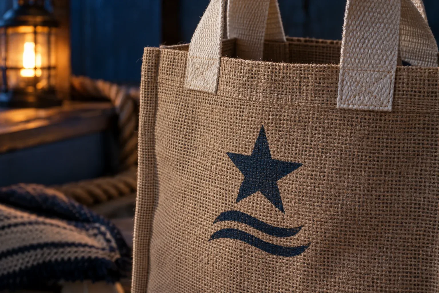 A close view of a jute tote with cream cotton handles stitched on, printed with a navy star and two wavy lines on the coarse weave
