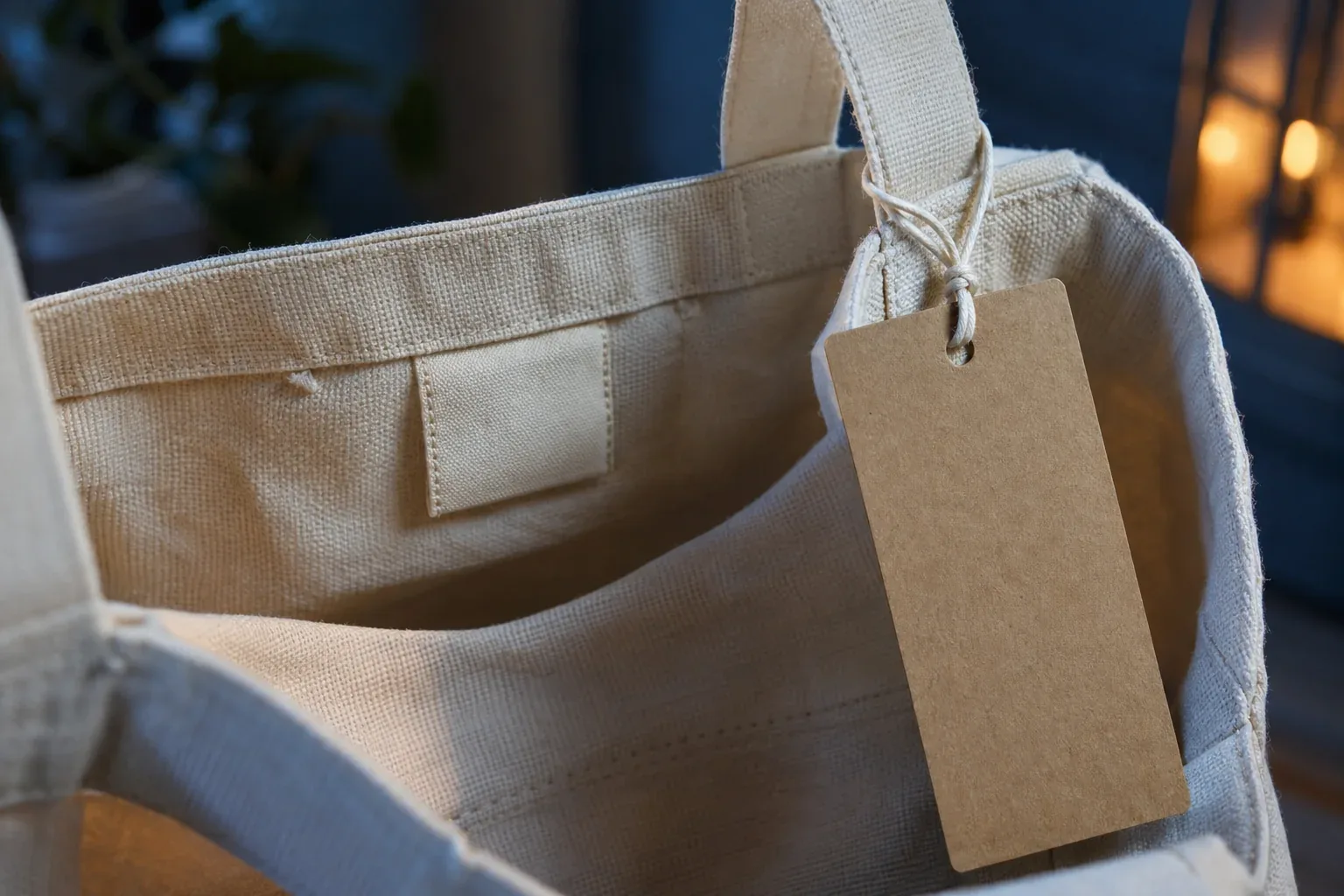 The inside of a canvas tote with a blank cream label sewn into the seam and a blank card hang tag tied to the handle