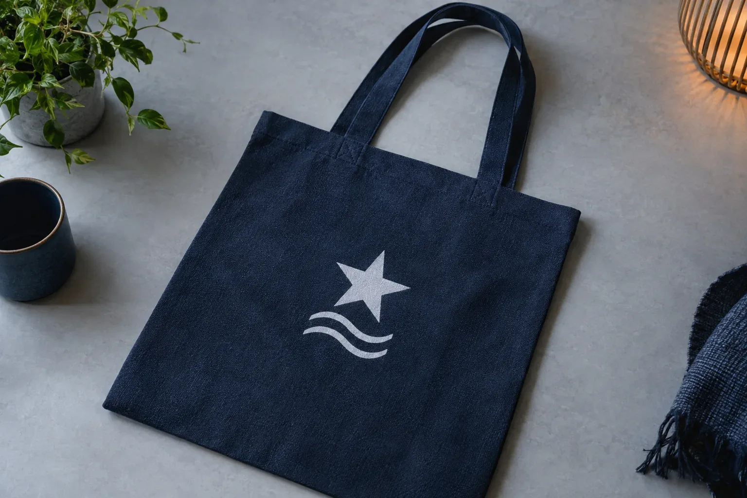 A navy tote with a matte surface and handles of the same fabric, lying flat on grey stone, printed with a white star and two wavy lines