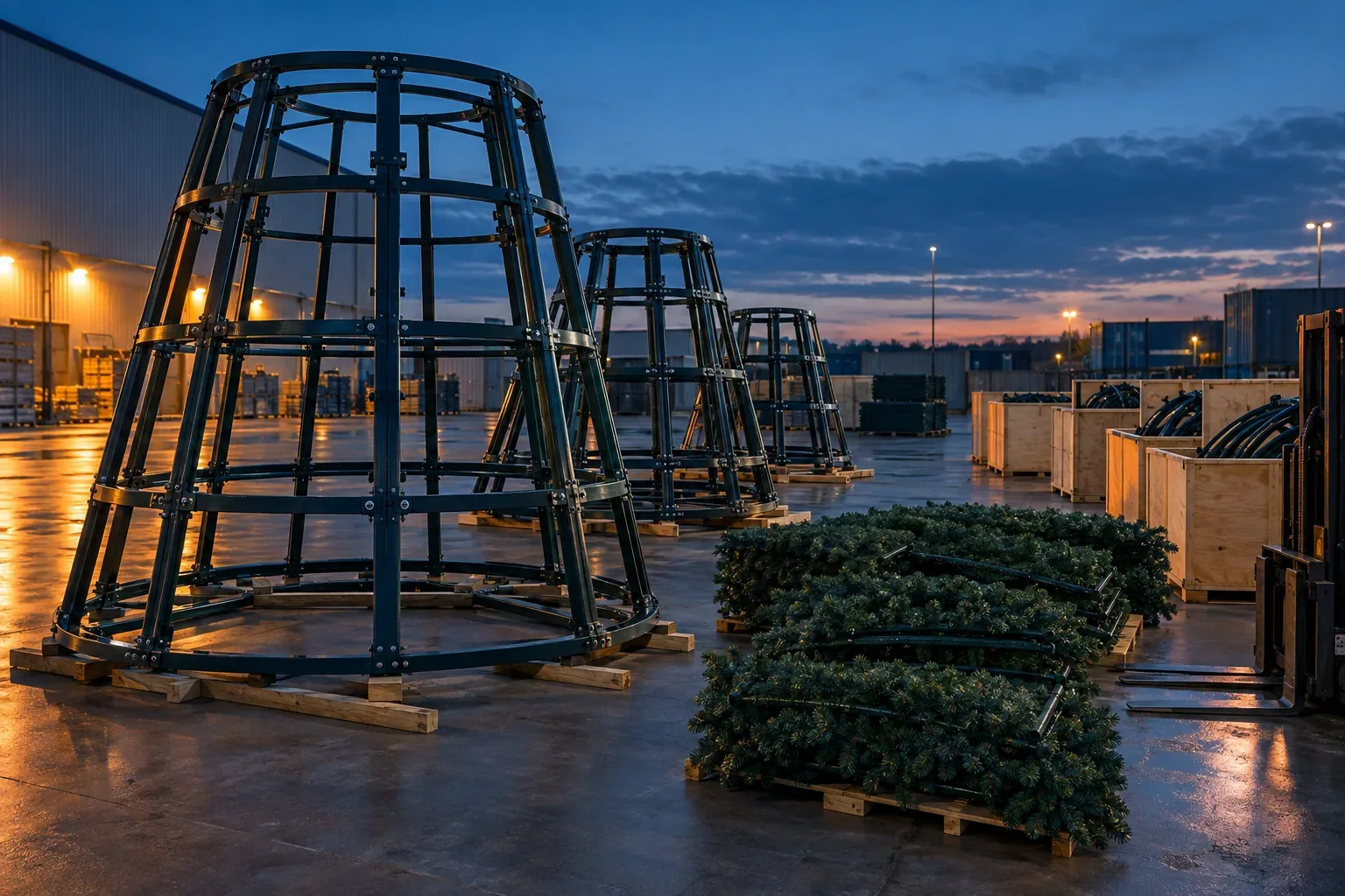 Bare tapered steel tree frame sections on timber skids beside stacked green branch panels and open wooden crates, in a yard at dusk