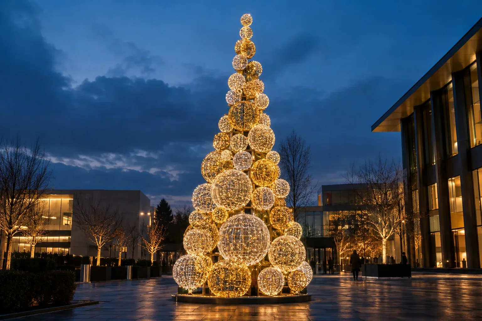 A tall cone of lit gold and white spheres, biggest at the bottom, spiralling upward on a plaza at dusk