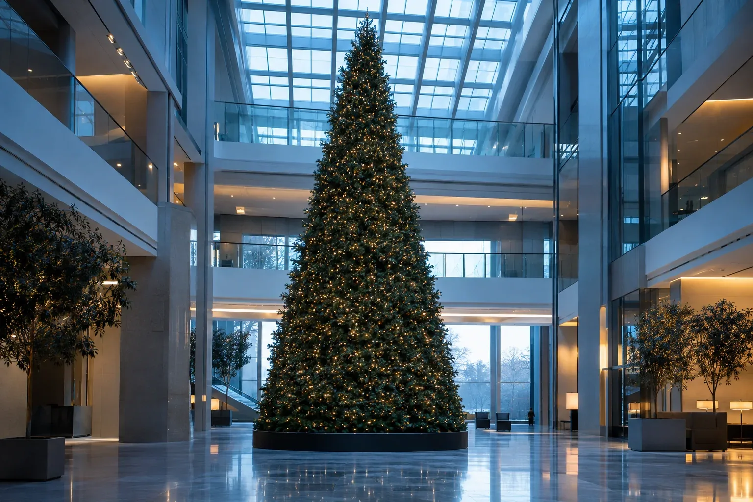 A very tall green tower tree with small warm-white lights and no ornaments, in a glass-roofed atrium by day
