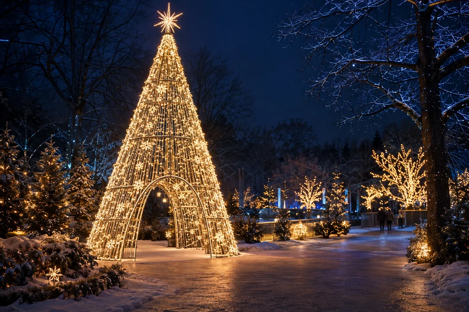 A cone-shaped tree drawn in warm-white light with a wide arched opening and a lit floor, beside a light-show path at night