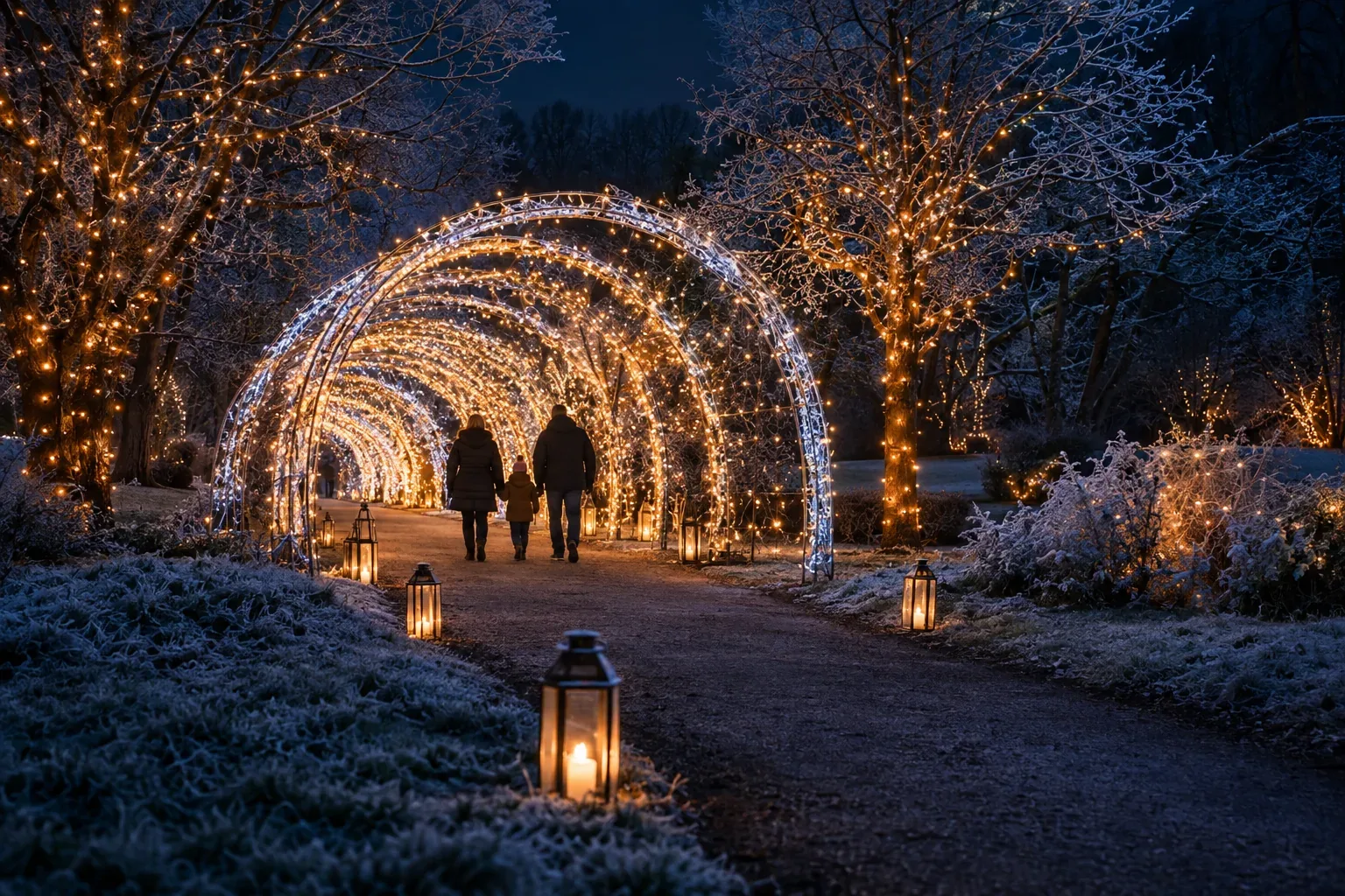 A family walking into a lit Christmas tunnel between frosted, lit trees at night