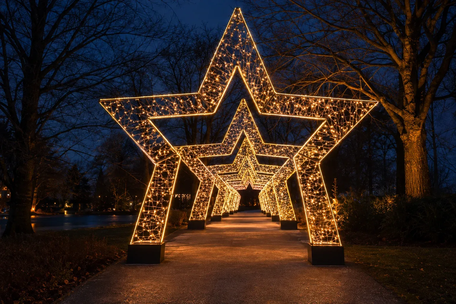 A walk-through tunnel of lit star-shaped panels along a park path at night