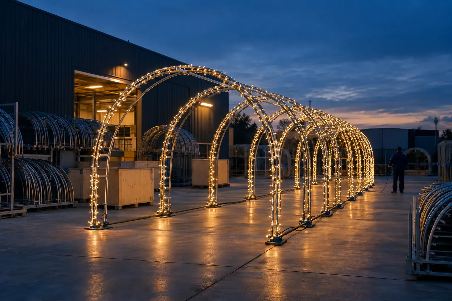 Several lit tunnel arches bolted together in a row for a test in a factory yard at dusk, with bare arch sections racked beside them