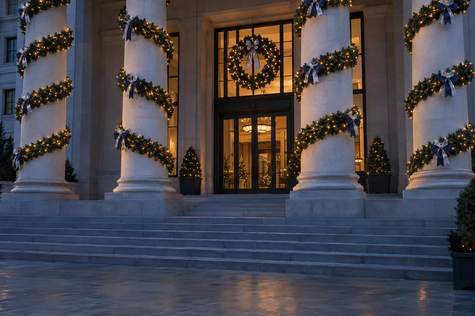 Lit garland spiralled up the columns of a stone portico with small navy and silver bows, and a lit wreath over the doors