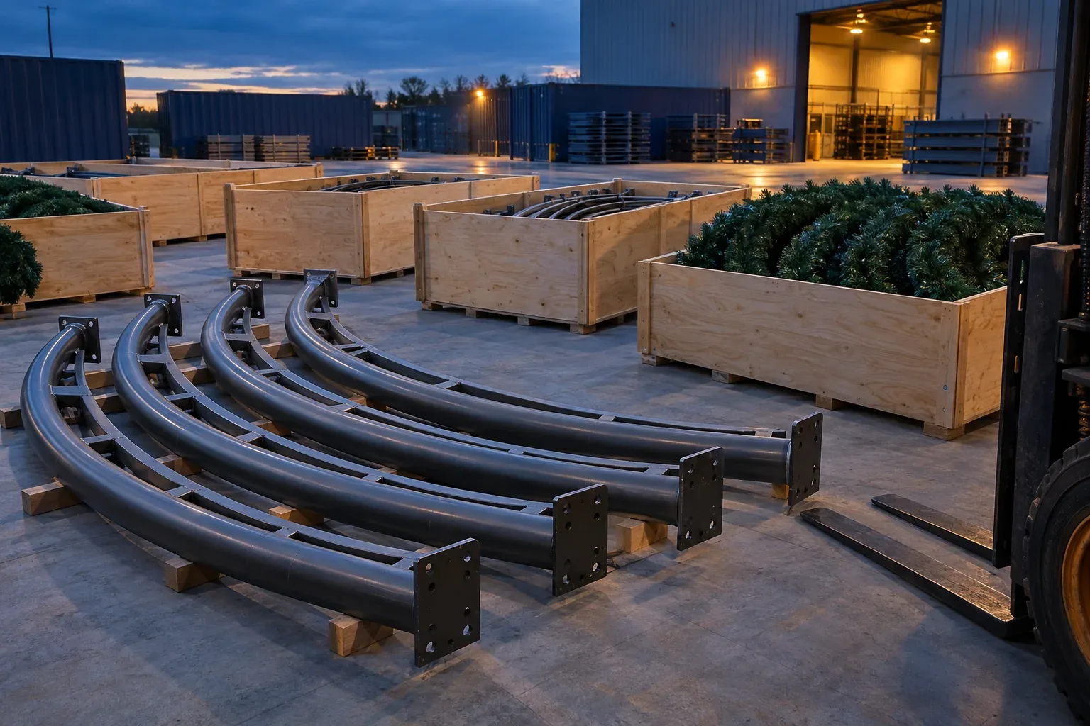 Curved steel quarter sections of a giant wreath frame on timber skids beside open crates of coiled garland, in a yard at dusk