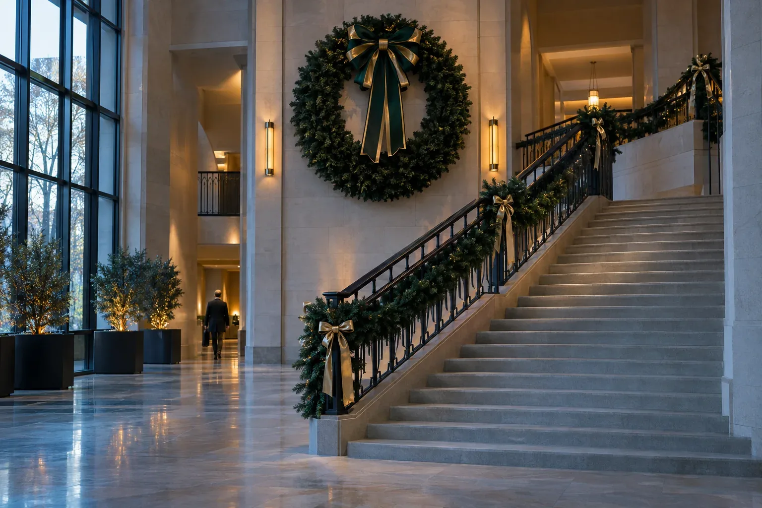 A giant unlit wreath with a green and gold bow on a lobby wall, and matching garland along the stair rail, by day