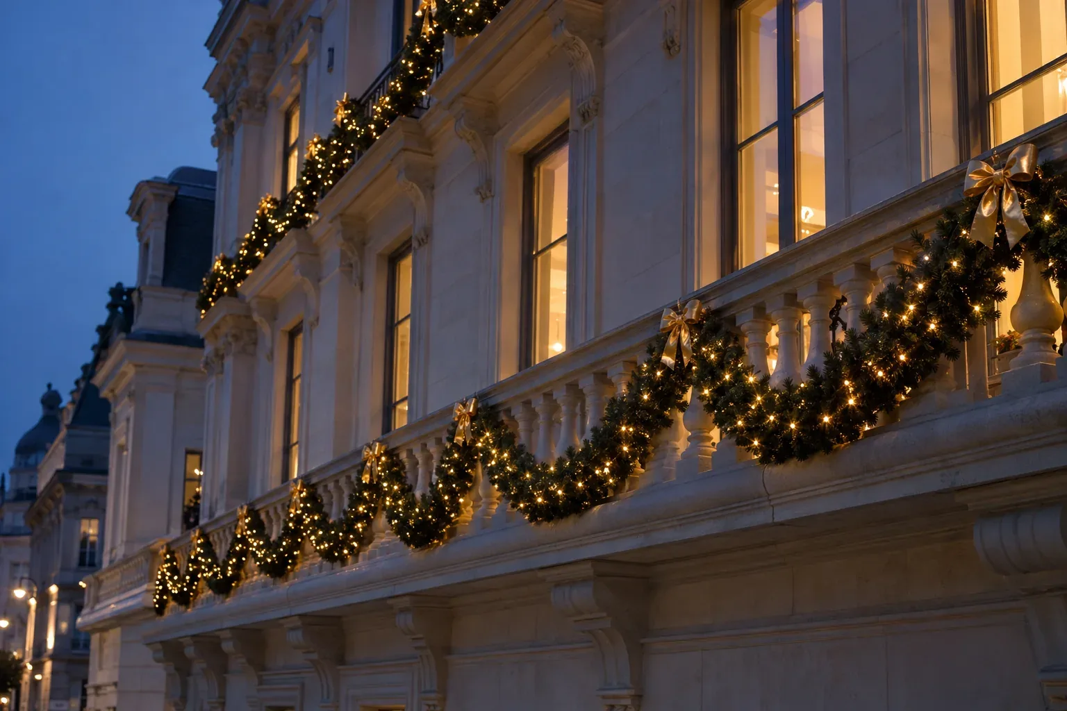 Thick lit green garland swagged along a stone balustrade and a balcony above it, with small gold bows, at dusk